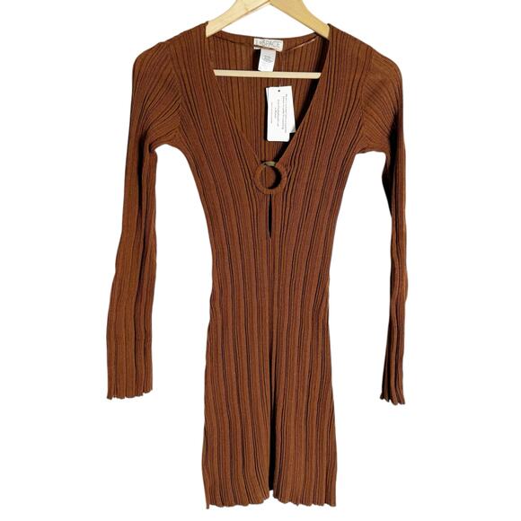 L*Space Wailea Brown Ribbed Long Sleeve O-Ring Beach Coverup Mini Dress Size S - Picture 4 of 11